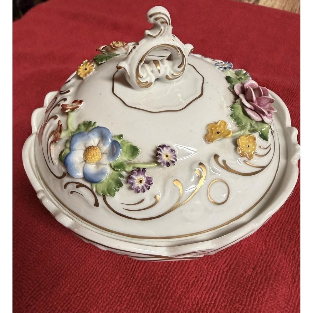 Vintage Von Schierholz Hand-Painted Porcelain Footed Bowl Applied Flowers Gold